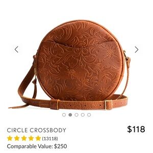 NEW Portland Leather Brown Floral Embossed Circle Crossbody Bag